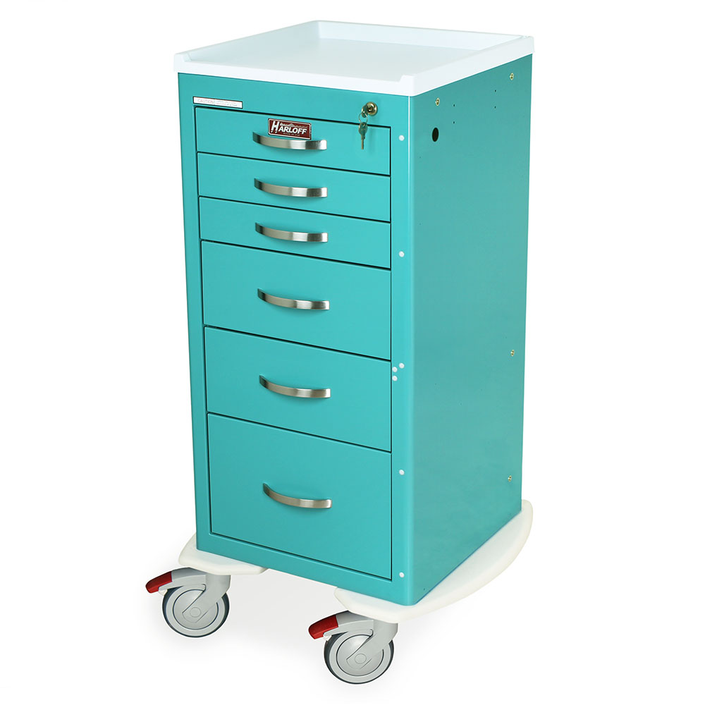narrow lightweight six drawer anesthesia cart in teal color with key lock