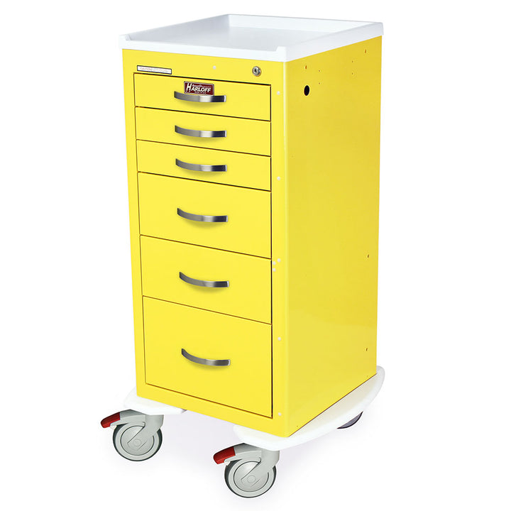 narrow lightweight six drawer anesthesia cart in yellow color with key lock