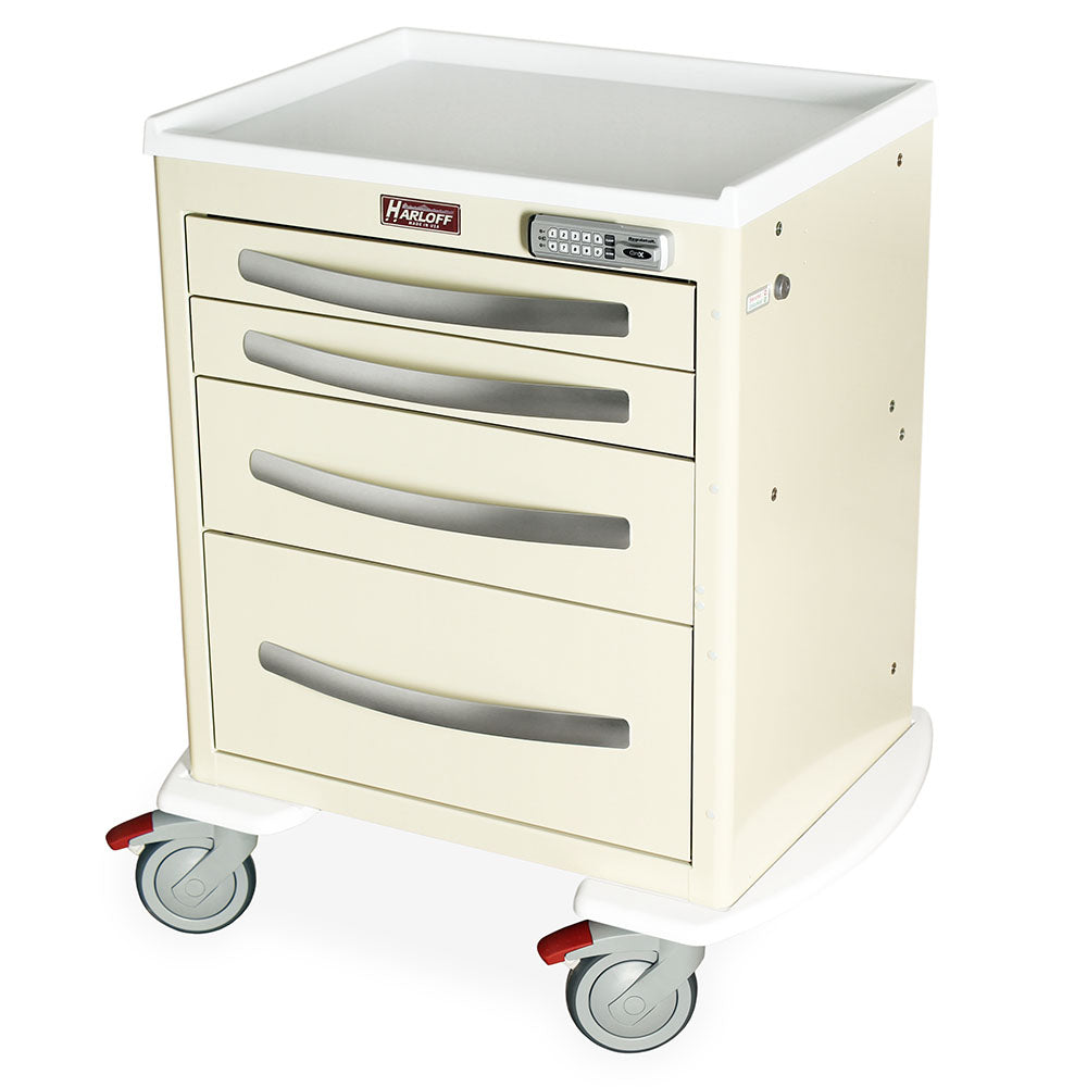A-Series Lightweight Aluminum Anesthesia Cart, X-Short height, medium width, five drawers, electronic pushbutton lock, MPA2421E14, cream color, aluminum construction, 21? vertical space, ergonomic handles, protective bumpers, 5” casters