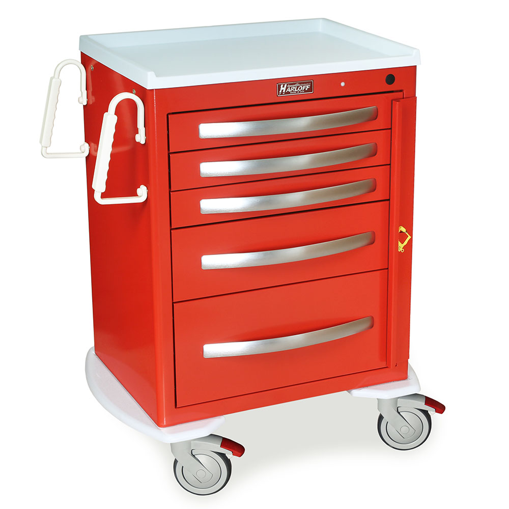 A-Series Lightweight Aluminum Crash Cart, short height, medium width, five drawers, breakaway lock