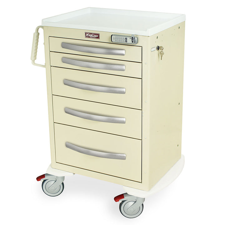 A-Series MPA2427E05 medium aluminum treatment cart, 5 drawers, E-lock, beige, front view