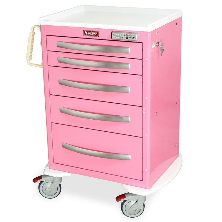 A-Series MPA2427E05 medium aluminum treatment cart, 5 drawers, E-lock, pink, front view