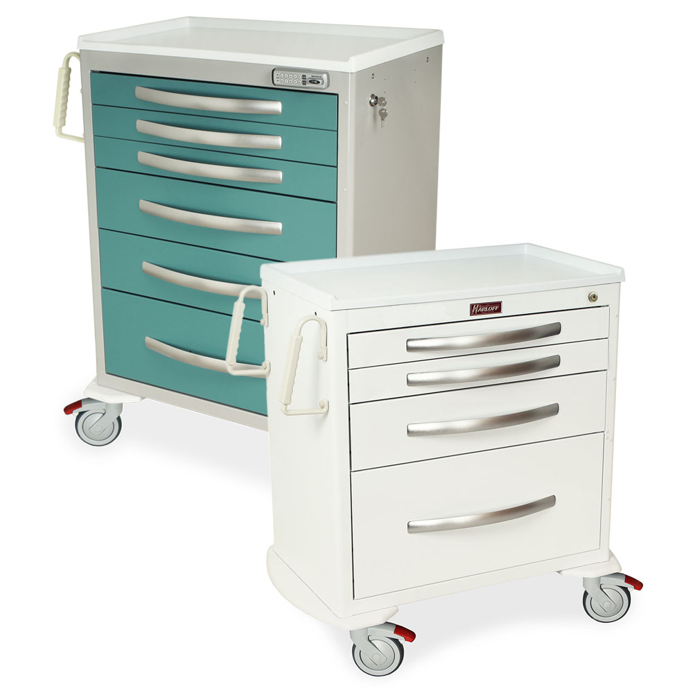 Group of A-Series full size aluminum medical carts in assorted colors and configurations
