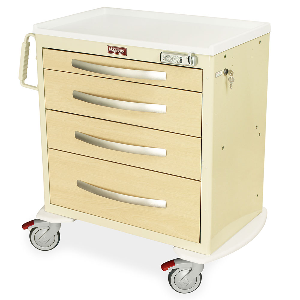 A-Series Short Wood Style Drawer Fronts Medical Cart with E-Lock and four drawers featuring warm wood vinyl finish and ergonomic handles