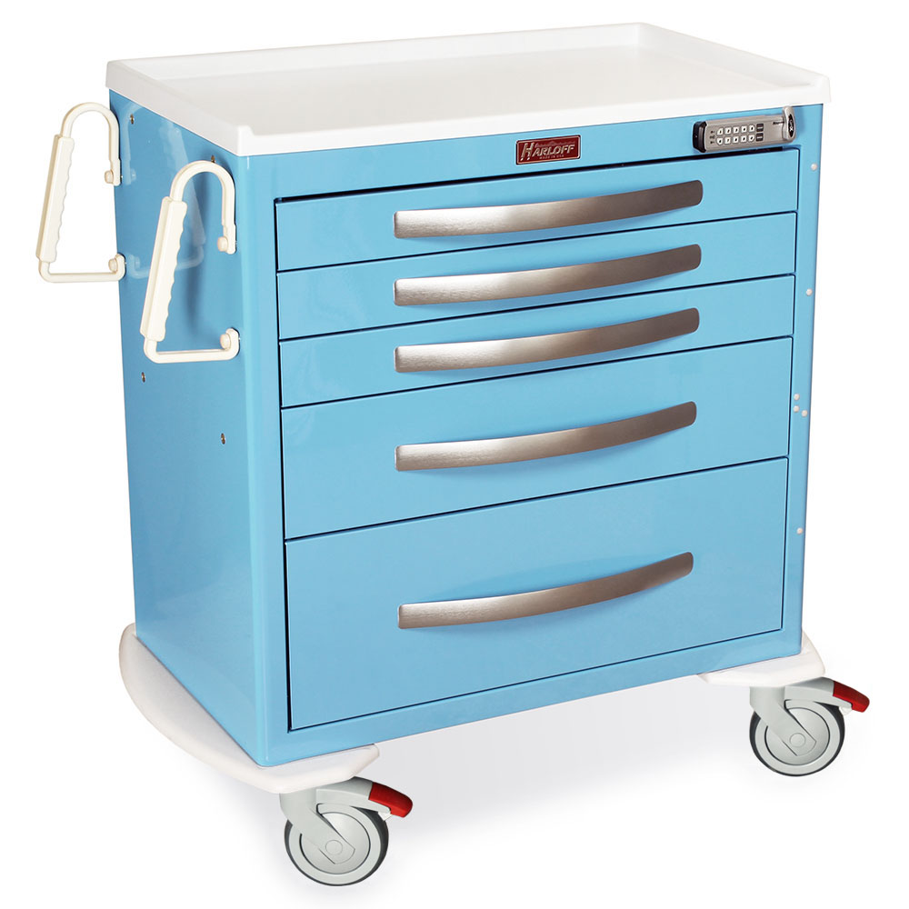 A-Series MPA3024E05 short aluminum medical cart, 5 drawers, E-Lock, light blue, quarter right view