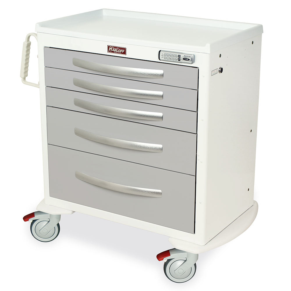 A-Series MPA3024E05 short aluminum medical cart, 5 drawers, E-Lock, white, front view