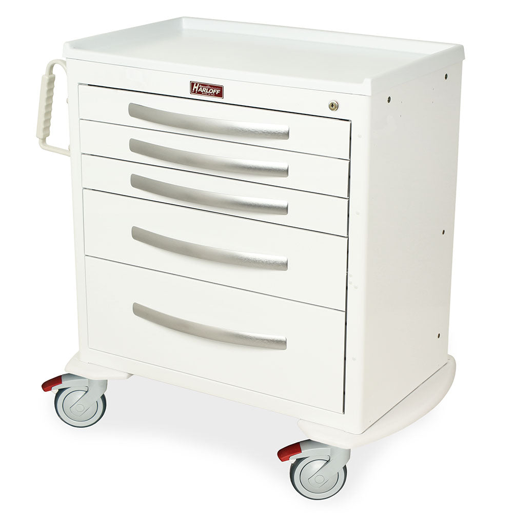 A-Series MPA3024K05 medium aluminum nursing cart, 5 drawers, key lock, white, front view