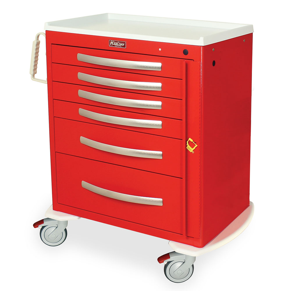aluminum six drawer breakaway emergency cart with red drawers and white top