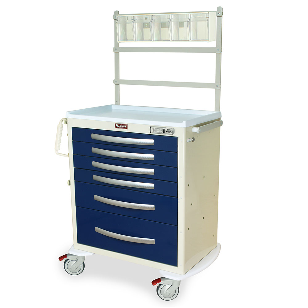 A-Series MPA3027E06+MD30-ANS medium-height aluminum anesthesia cart with accessories, E-lock, 6 drawers, beige and navy front view
