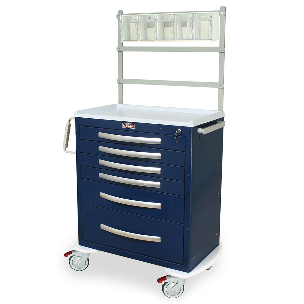 A-Series MPA3027K06+MD30-ANS medium aluminum anesthesia cart with 6 drawers, key lock, MD30-ANS accessory package, navy, front view