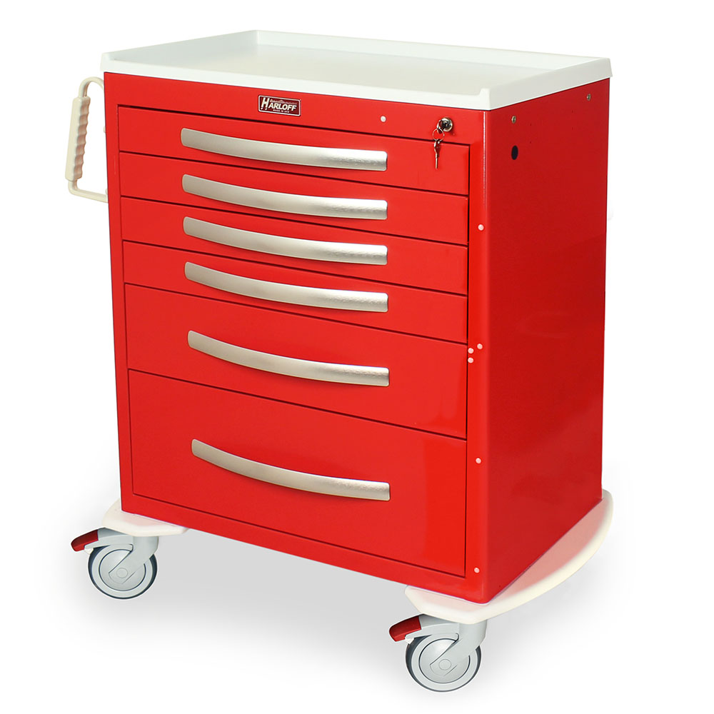 A-Series MPA3027K06 medium-height lightweight emergency cart, 6 drawers, key lock, red, front view