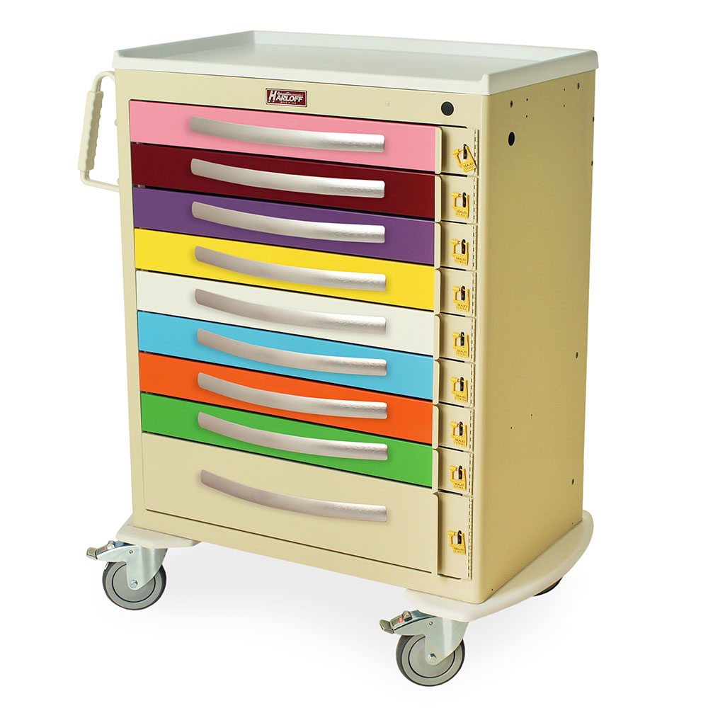 A-Series lightweight aluminum pediatric cart with 9 drawers and breakaway locks
