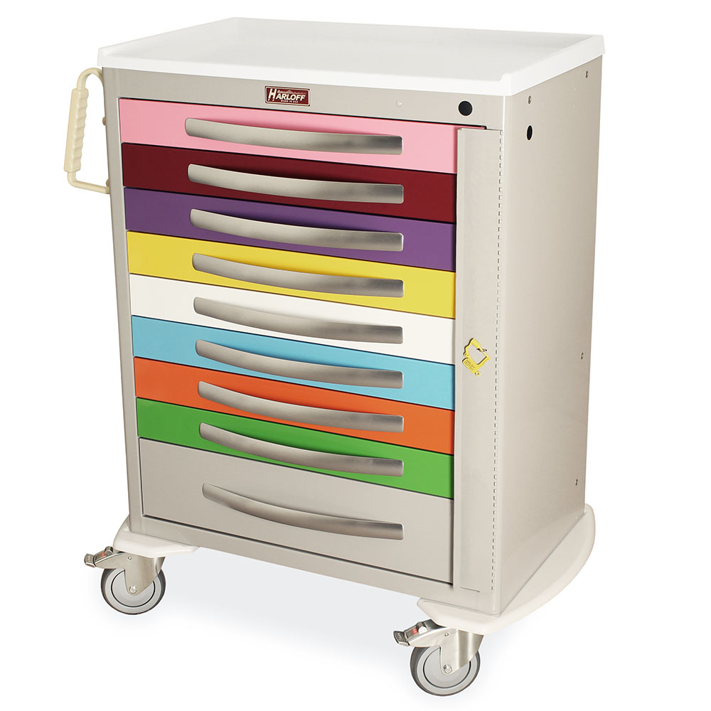A-Series lightweight aluminum pediatric trolley with nine drawers and Broselow color-coded labels