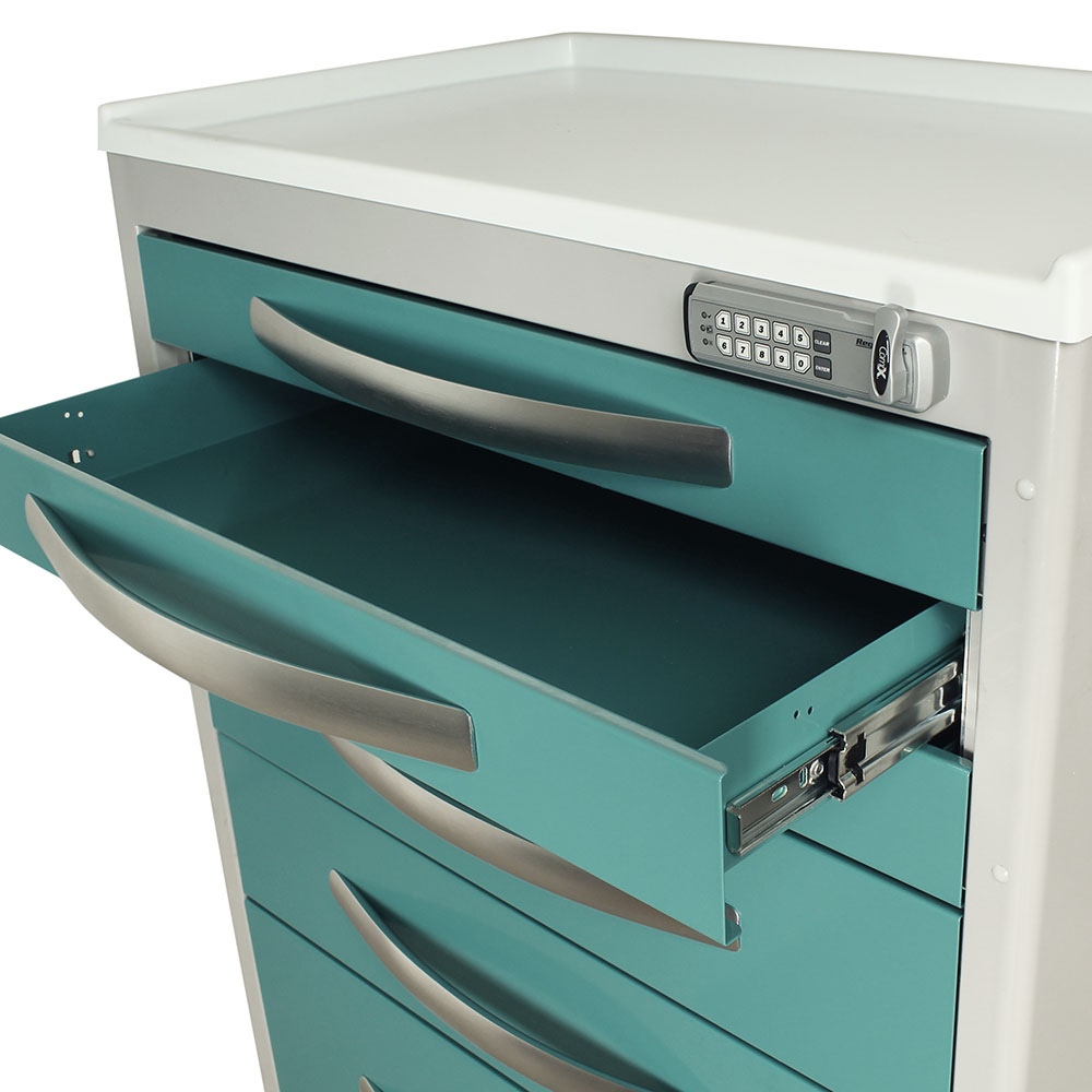 A-Series MPA3030E06 tall aluminum medical cart, 6 drawers, electronic pushbutton lock, teal, drawer open view