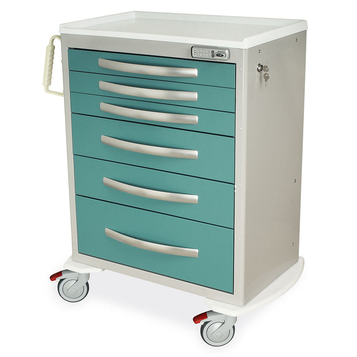 A-Series MPA3030E06 tall aluminum medical cart, 6 drawers, electronic pushbutton lock, teal, front view