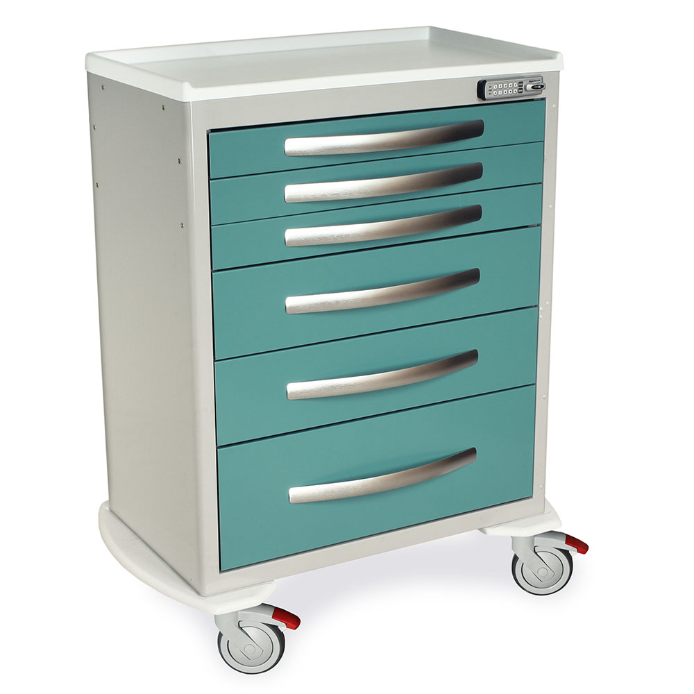 A-Series MPA3030E06 tall aluminum medical cart, 6 drawers, electronic pushbutton lock, teal, quarter right view
