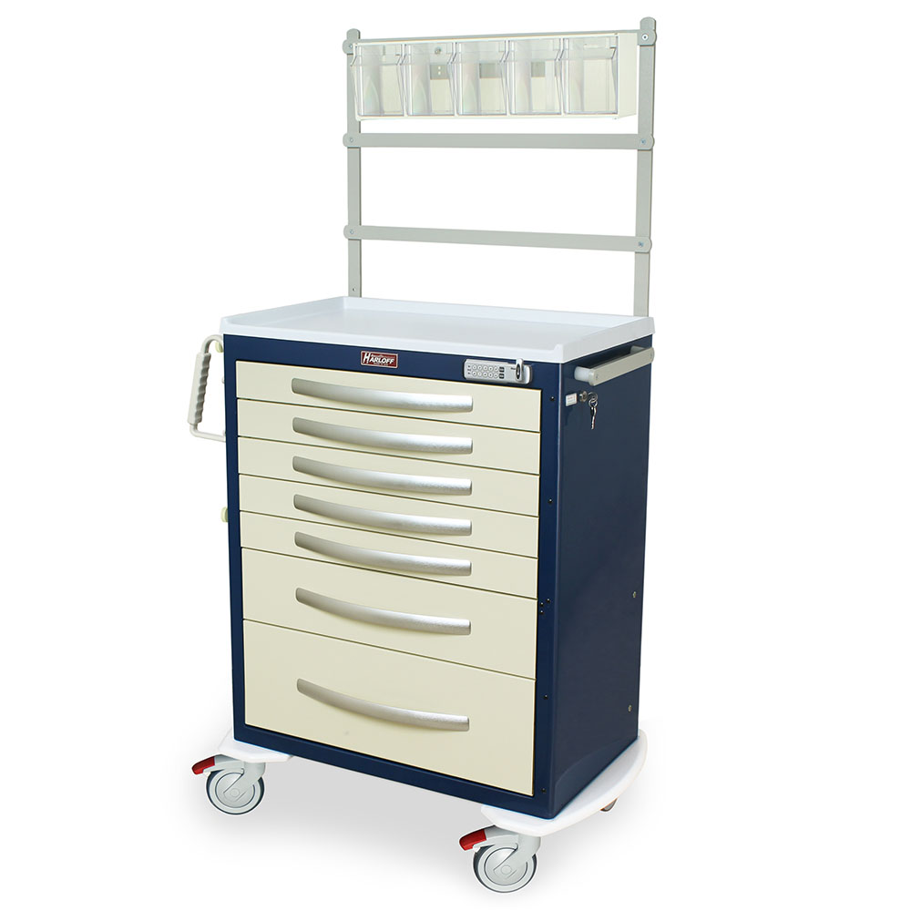 A-Series MPA3030E07+MD30-ANS tall aluminum anesthesia cart with 7 drawers, E-lock, MD30-ANS accessory package, navy and cream, front view