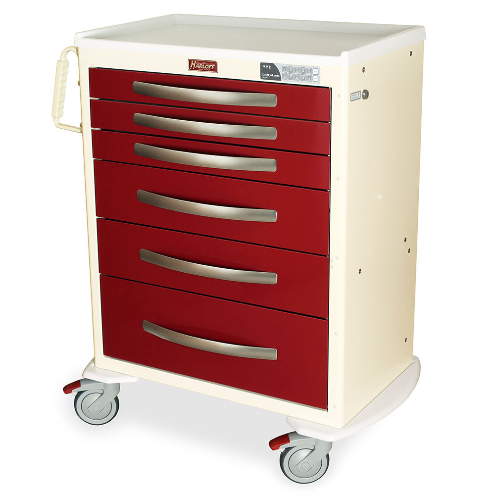 A-Series MPA3030EKC06 tall aluminum anesthesia cart, 6 drawers, electronic keypad lock, cream-burgundy, front view