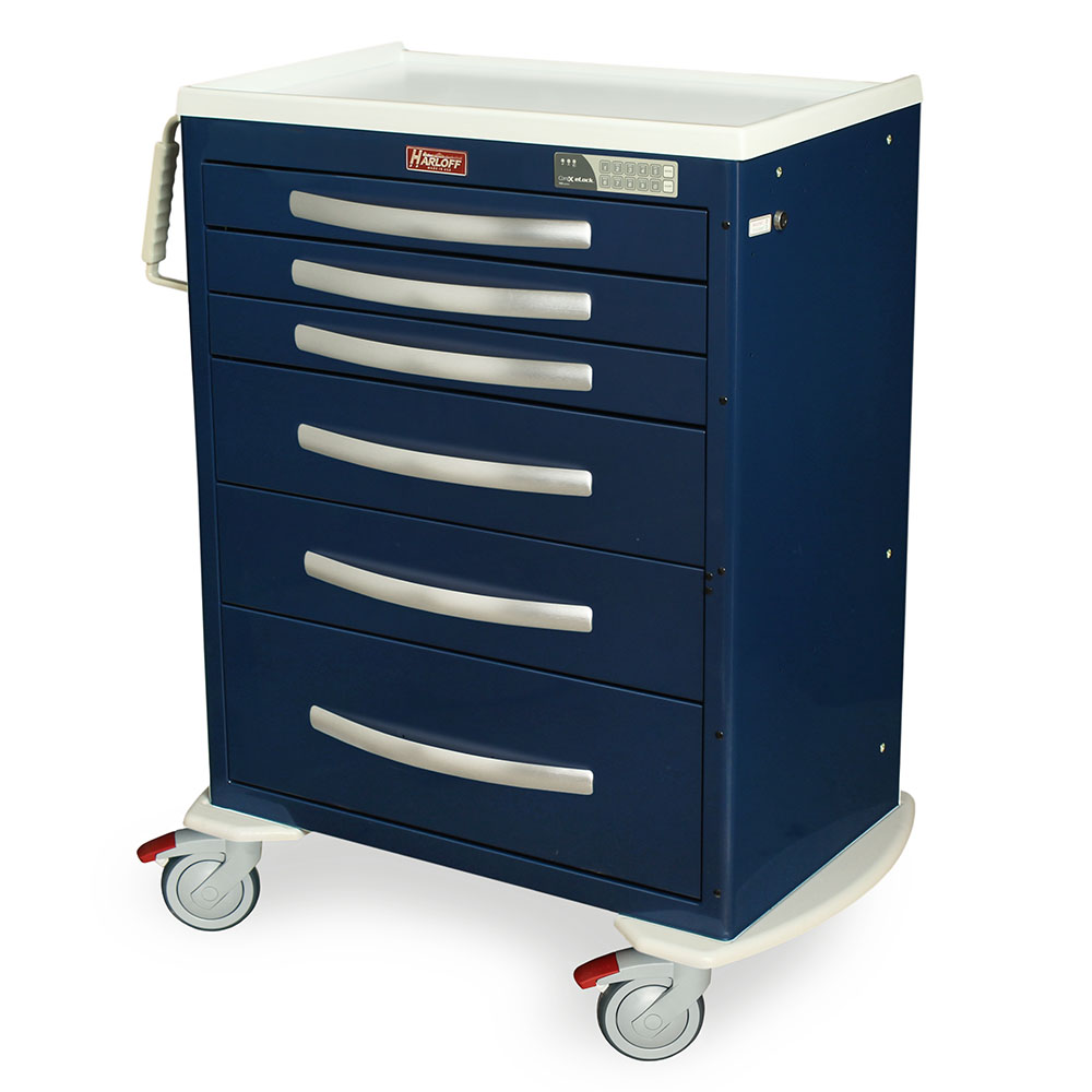 Navy blue A-Series aluminum anesthesia cart front view with drawers and ergonomic handle