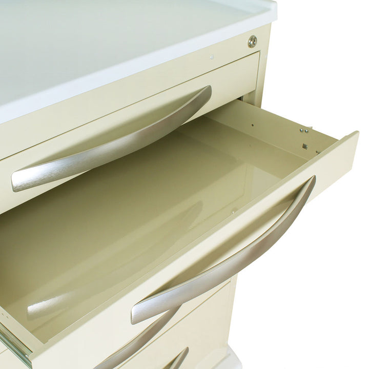 A-Series MPA3030K07 tall aluminum medical cart, 7 drawers, key lock, beige, drawer detail view