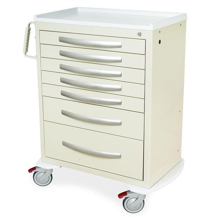 A-Series MPA3030K07 tall aluminum medical cart, 7 drawers, key lock, beige, front view