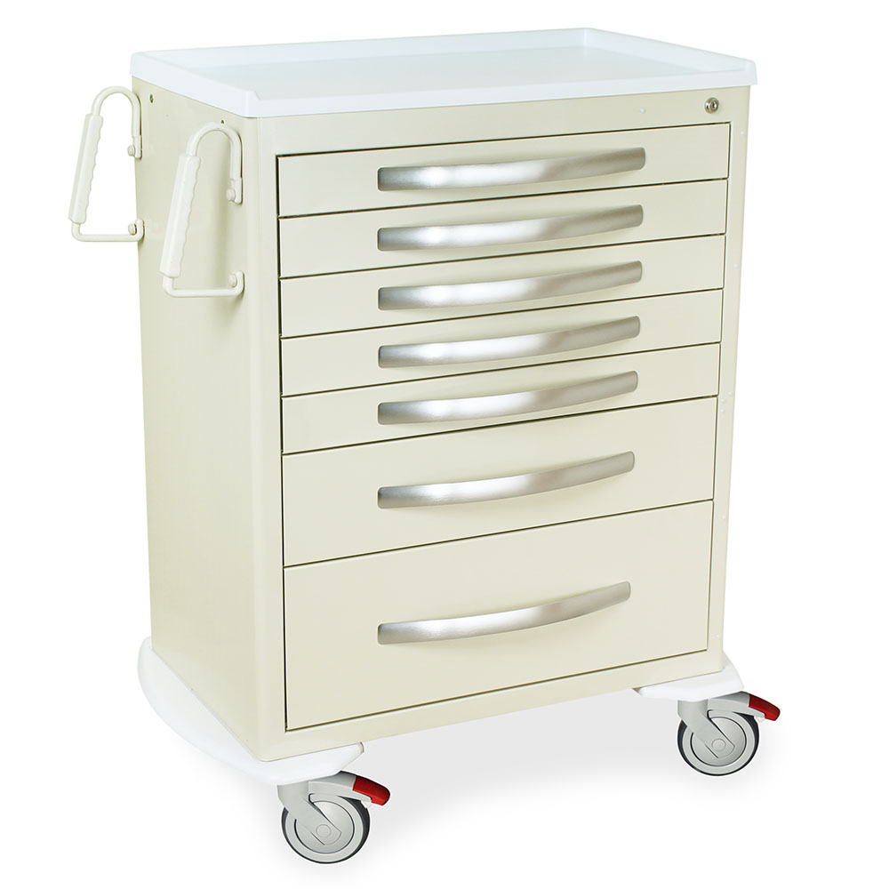 A-Series MPA3030K07 tall aluminum medical cart, 7 drawers, key lock, beige, quarter right view