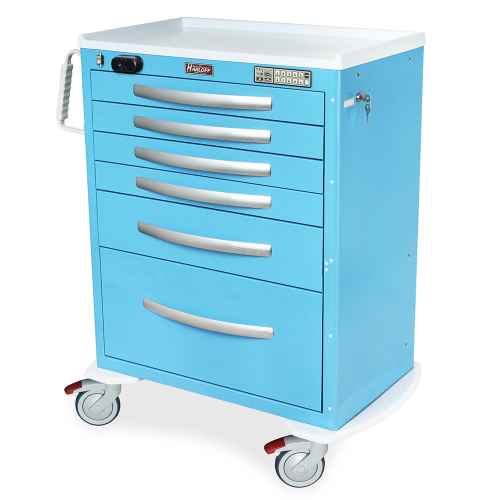 Light blue A-Series aluminum wireless-capable medical cart with drawers and handle