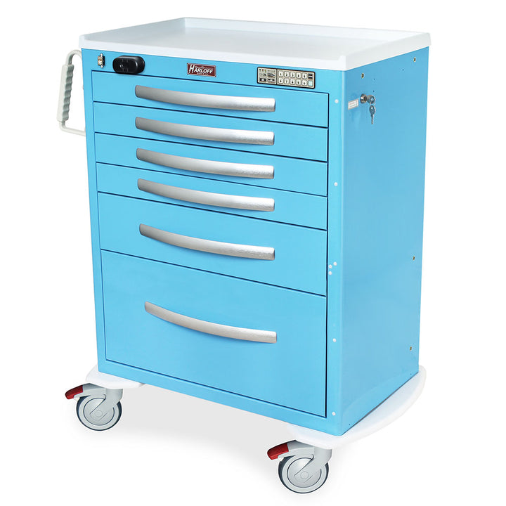 Light blue A-Series aluminum wireless-capable medical cart with drawers and handle