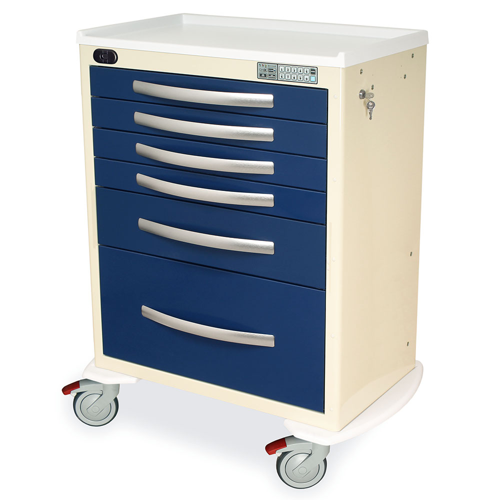A-Series MPA3030WLP16 tall aluminum wireless medical cart, 6 drawers, navy beige, front view
