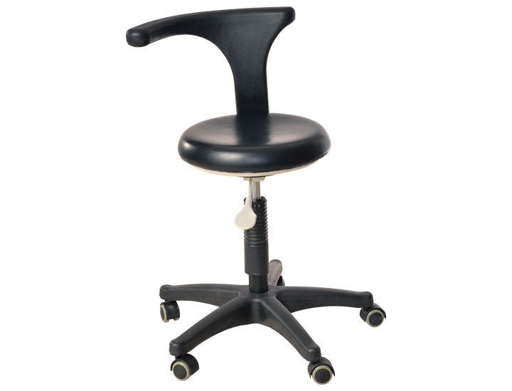 Ergonomic Adjustable Stool MPTAD with swivel armrest and caster base, black vinyl seat for clinical or workspace comfort
