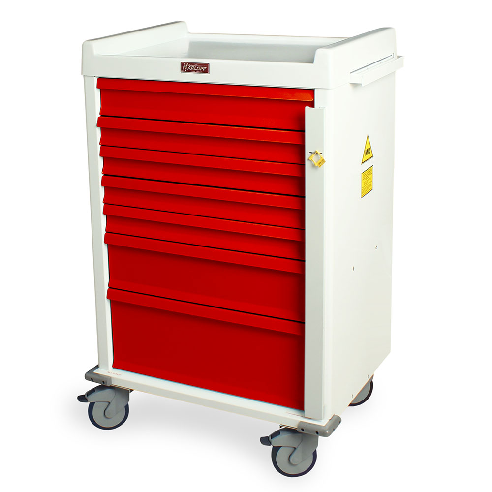 Aluminum MRI safe crash cart with 7 drawers and breakaway lock, Harloff model