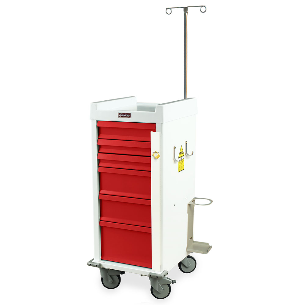 Aluminum Narrow Magnetic Resonance Compatible Emergency Cart with six drawers, breakaway lock, and emergency accessory package, designed for safe use in MRI suites.