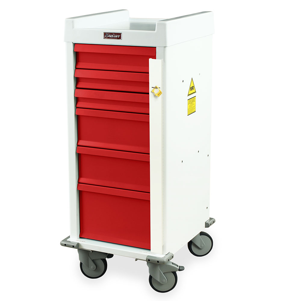 Aluminum Narrow MRI Compatible Emergency Medical Cart with six drawers, breakaway lock, and low-ferrous casters, designed for MRI suite use.