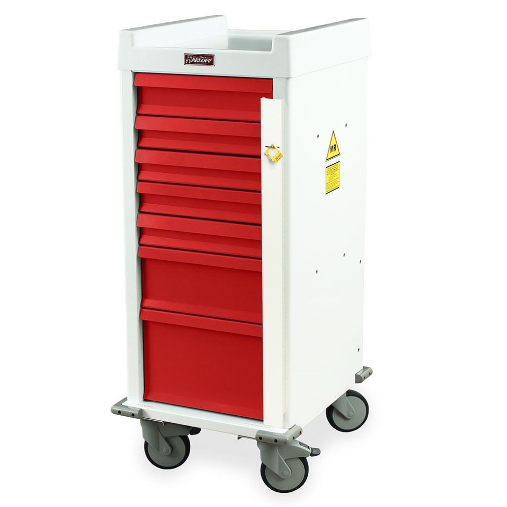 Aluminum Narrow MRI Conditional Trolley with seven drawers, breakaway lock, and white powder-coated finish designed for MRI suite safety.