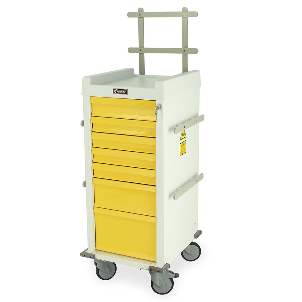 Yellow aluminum narrow MRI anesthesia cart with seven drawers, BEST® key lock, accessory package, and white removable plastic top