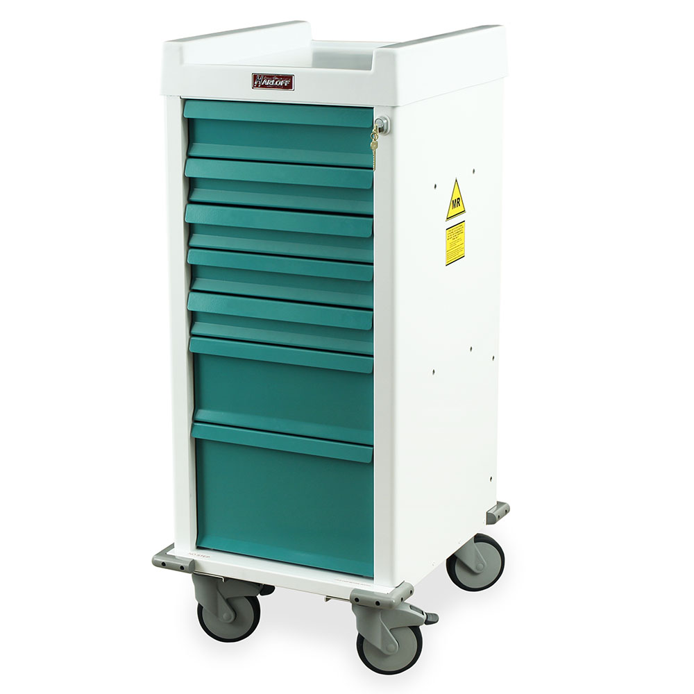 Aluminum Narrow MRI Compatible Medical Cart with seven drawers, BEST® key lock, white gloss finish, and durable non-magnetic construction for MRI suite use.