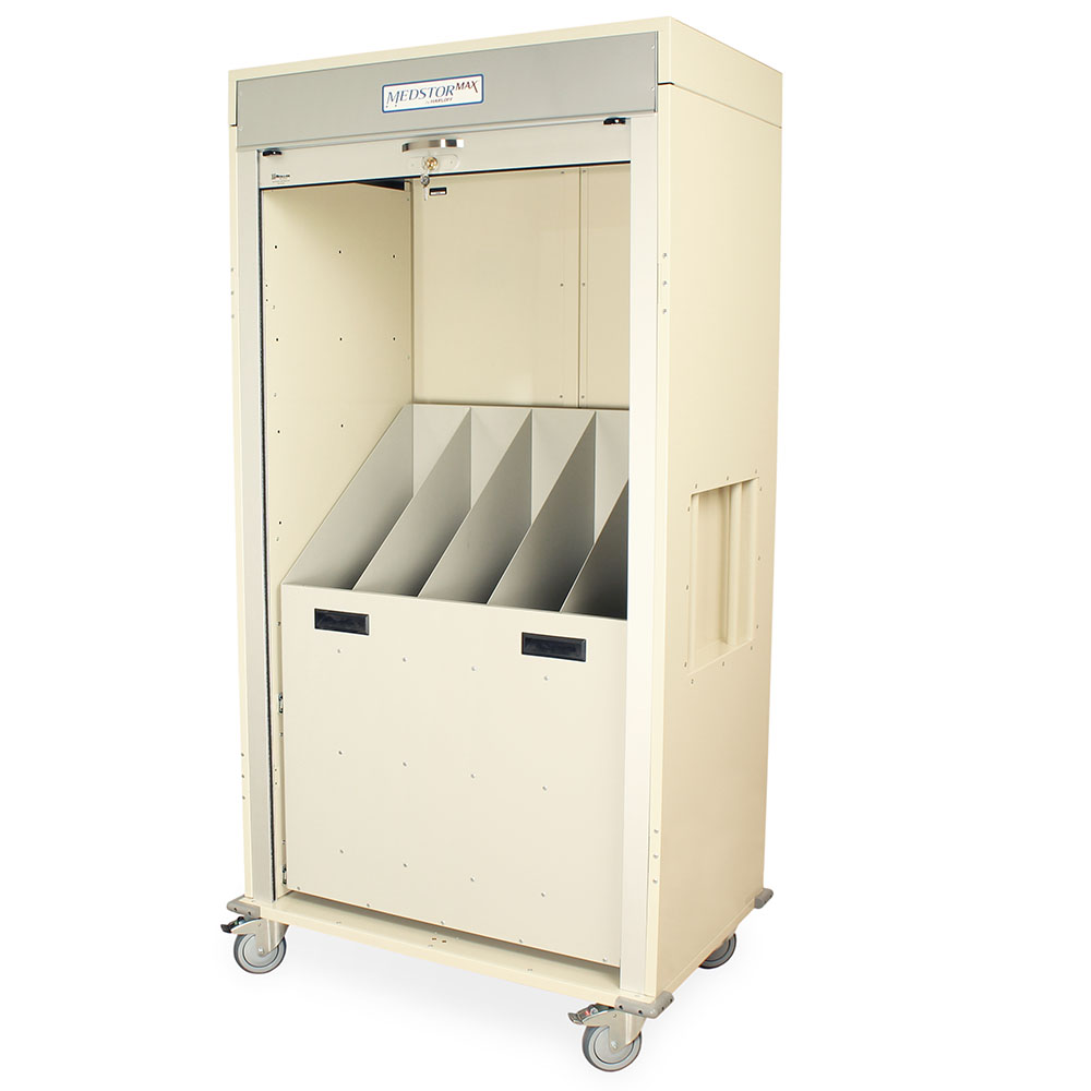 Sliding catheter storage drawer with five partitions for MedStor Max double column cabinet  