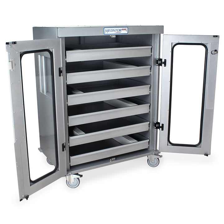 Intraocular Lens Storage Cart open view, brushed silver