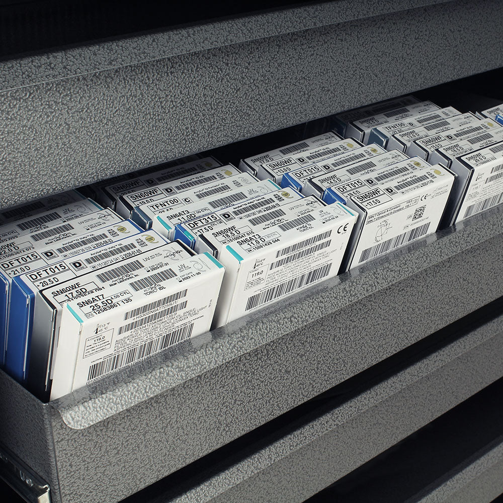 Harloff High Volume IOL Cart drawer detail view, gray