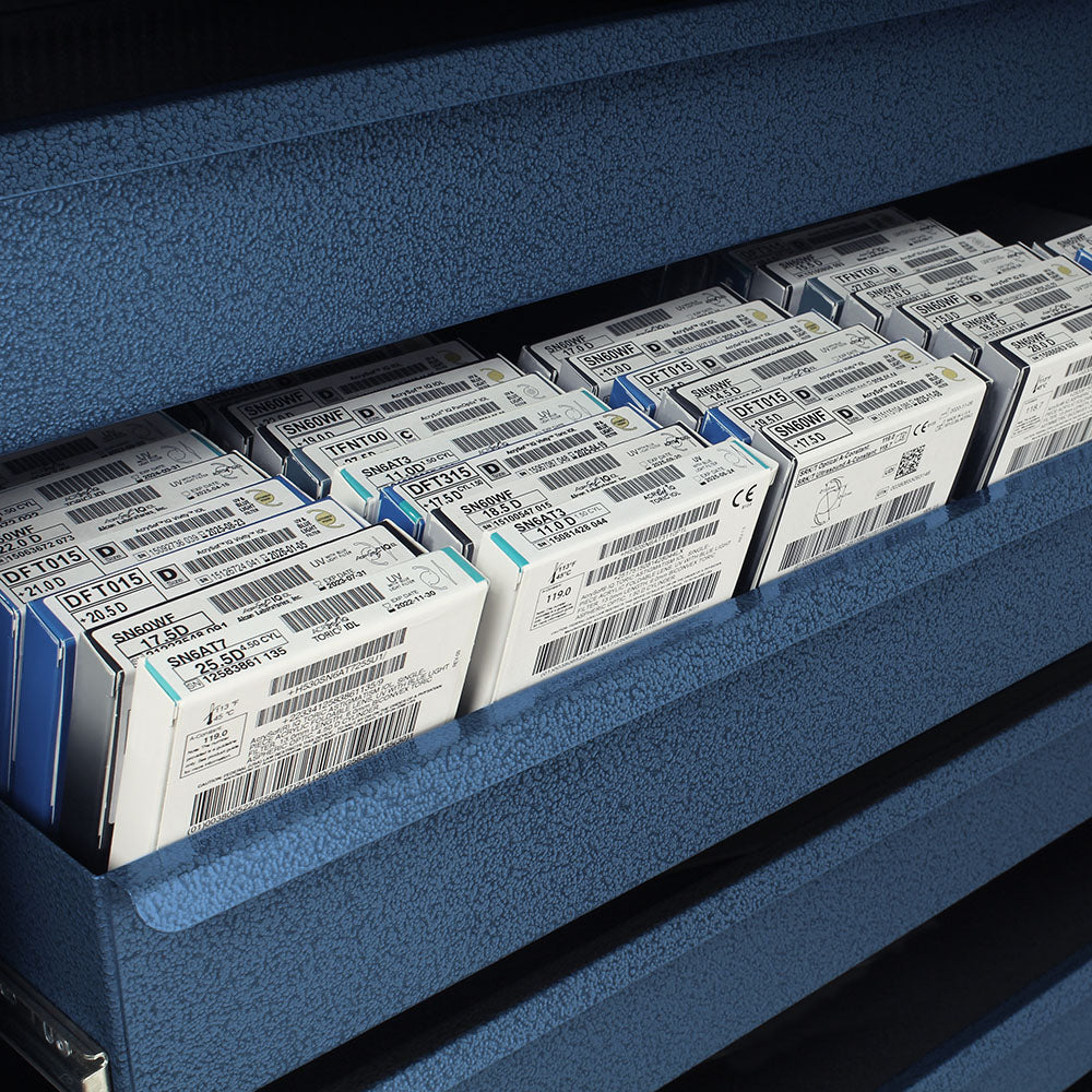 Intraocular Lens Cart drawer detail view, blue