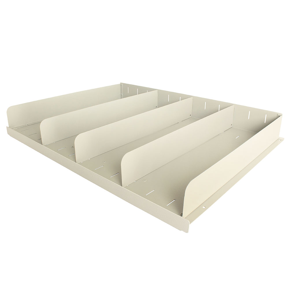 Full-length MedStor Max shelf with dividers for medical cabinet storage