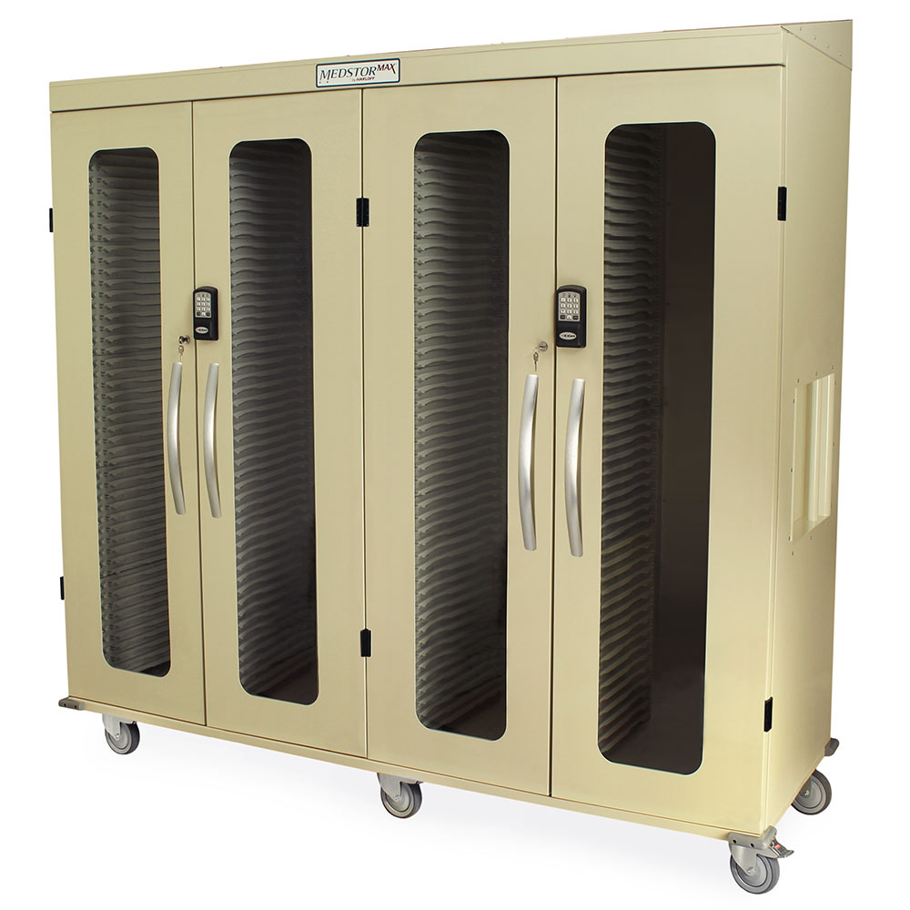 Close-up of quad column MedStor Max cabinet with slope top installed