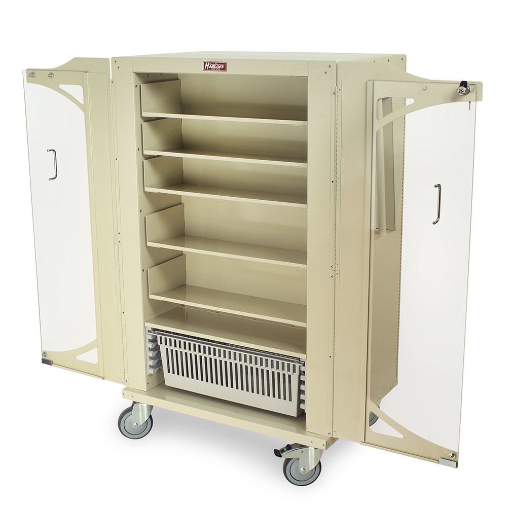 Suture cart with clear acrylic doors open and fully stocked