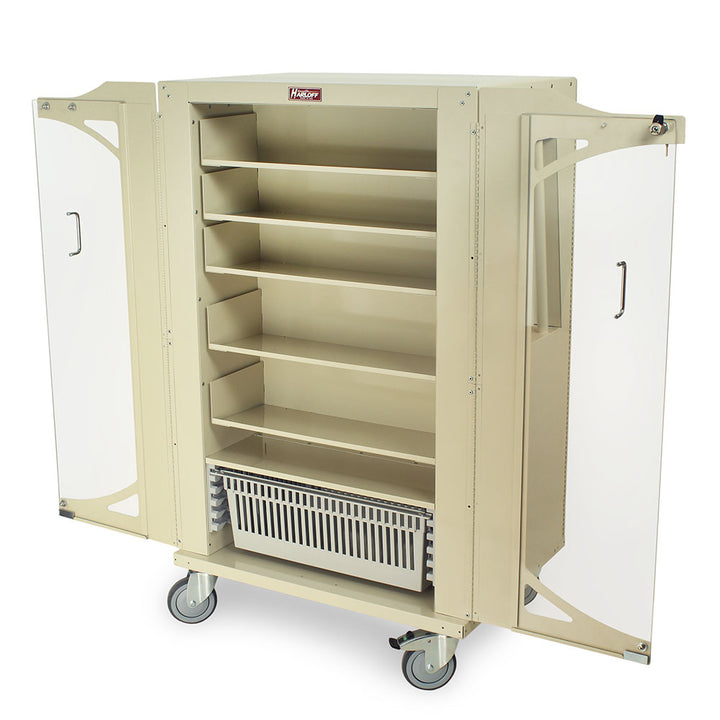 Suture cart with clear acrylic doors open and fully stocked