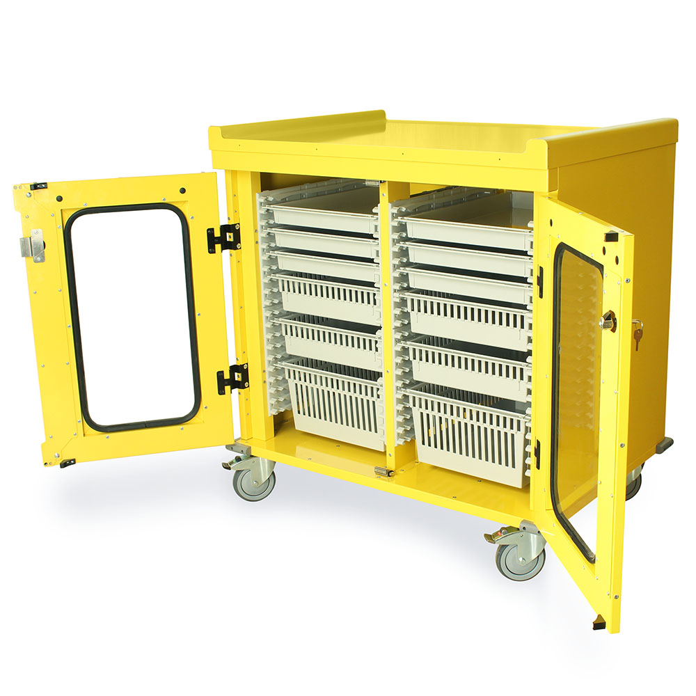 Complete tray accessory package layout for MedStor Max half-height double column cabinet