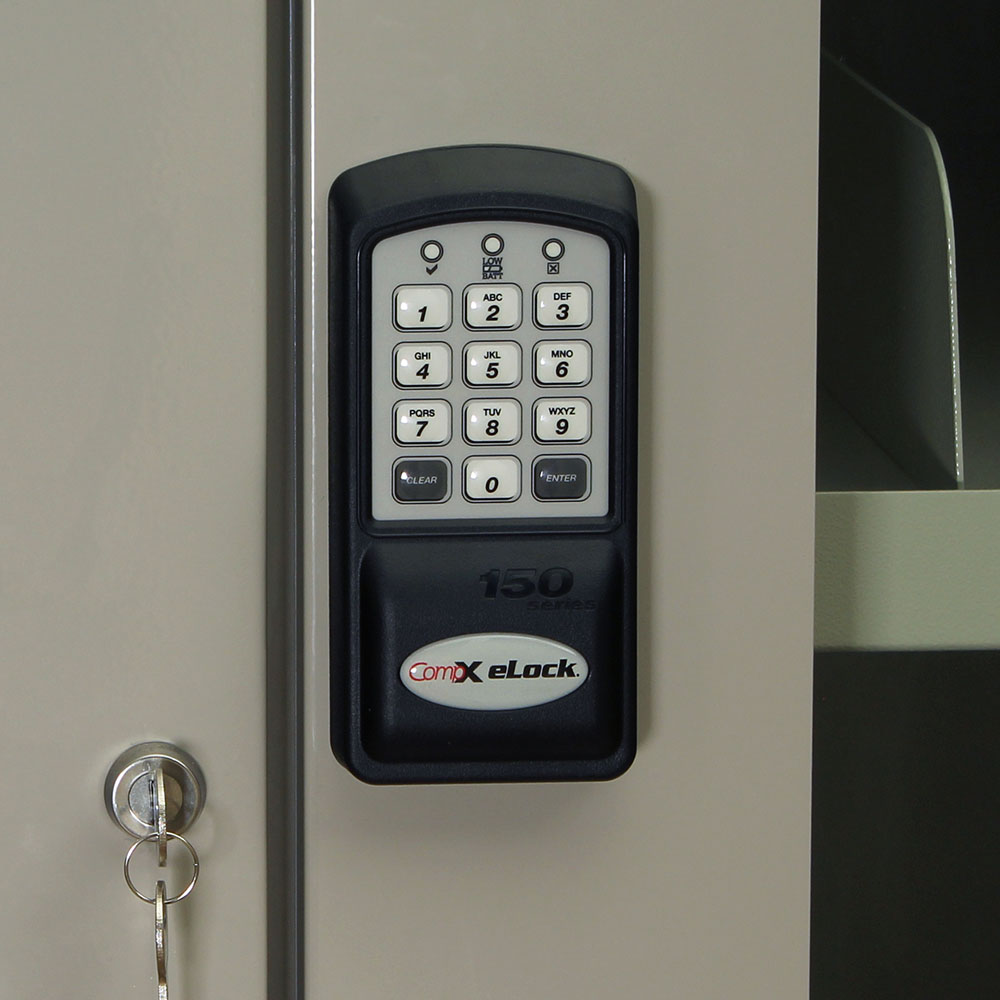Side view of large medical-grade storage cabinet with electronic lock and tempered glass doors