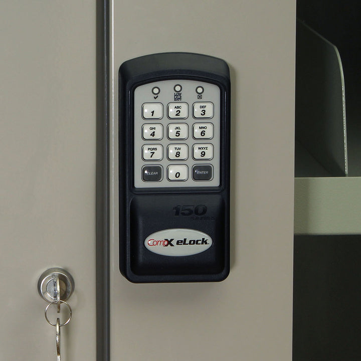 Side view of large medical-grade storage cabinet with electronic lock and tempered glass doors