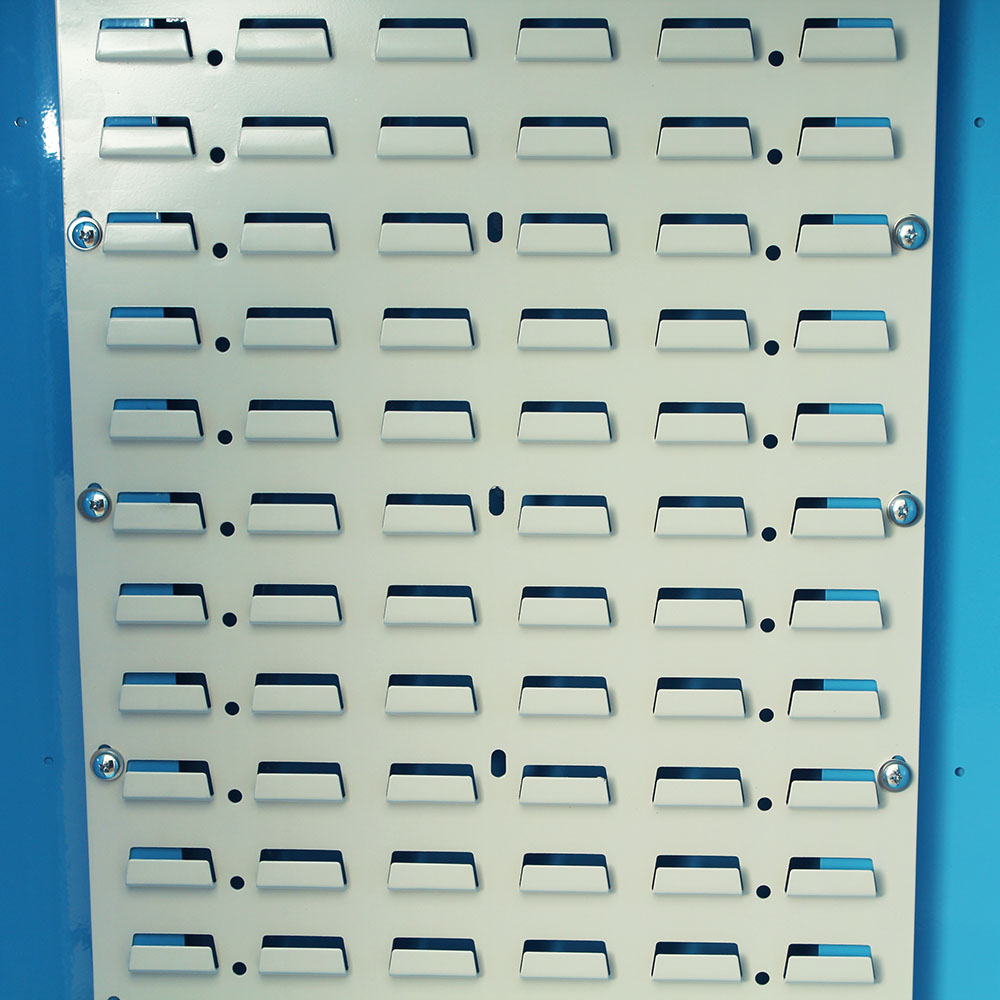 Close-up of louver panel showing multiple bin insertion points for Akro-Mils® bins