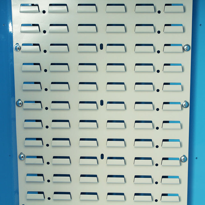 Close-up of louver panel showing multiple bin insertion points for Akro-Mils® bins