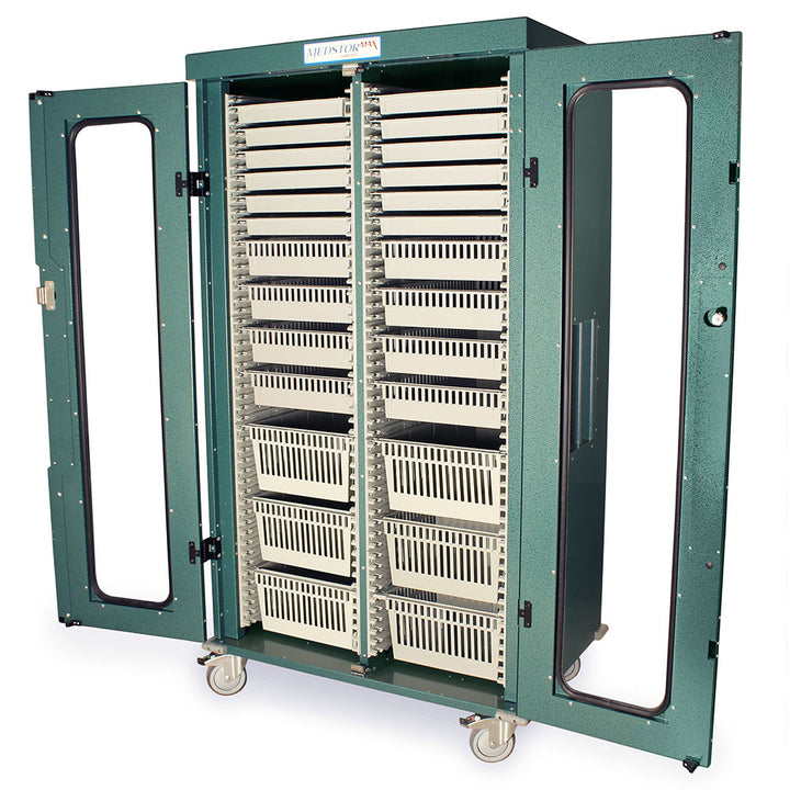 Double column MedStor Max cabinet shown with tray accessory package installed